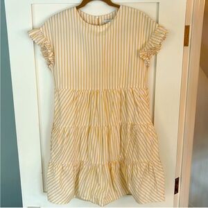 English Factory Yellow White Striped Tiered Dress Ruffle Cap‎ Sleeve Mini Size S